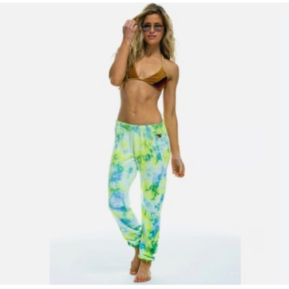 AVIATOR NATION Hand Dyed Sweatpants Tie Dye Neon Yellow Green Blue Size Medium - Picture 1 of 12